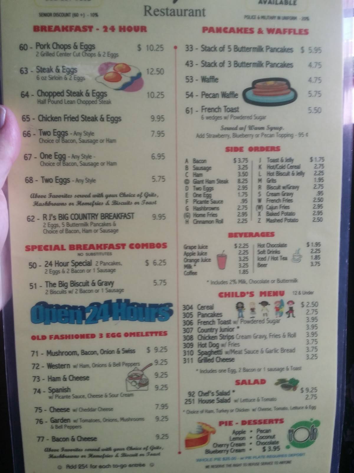 Menu at RJ's restaurant, Shreveport