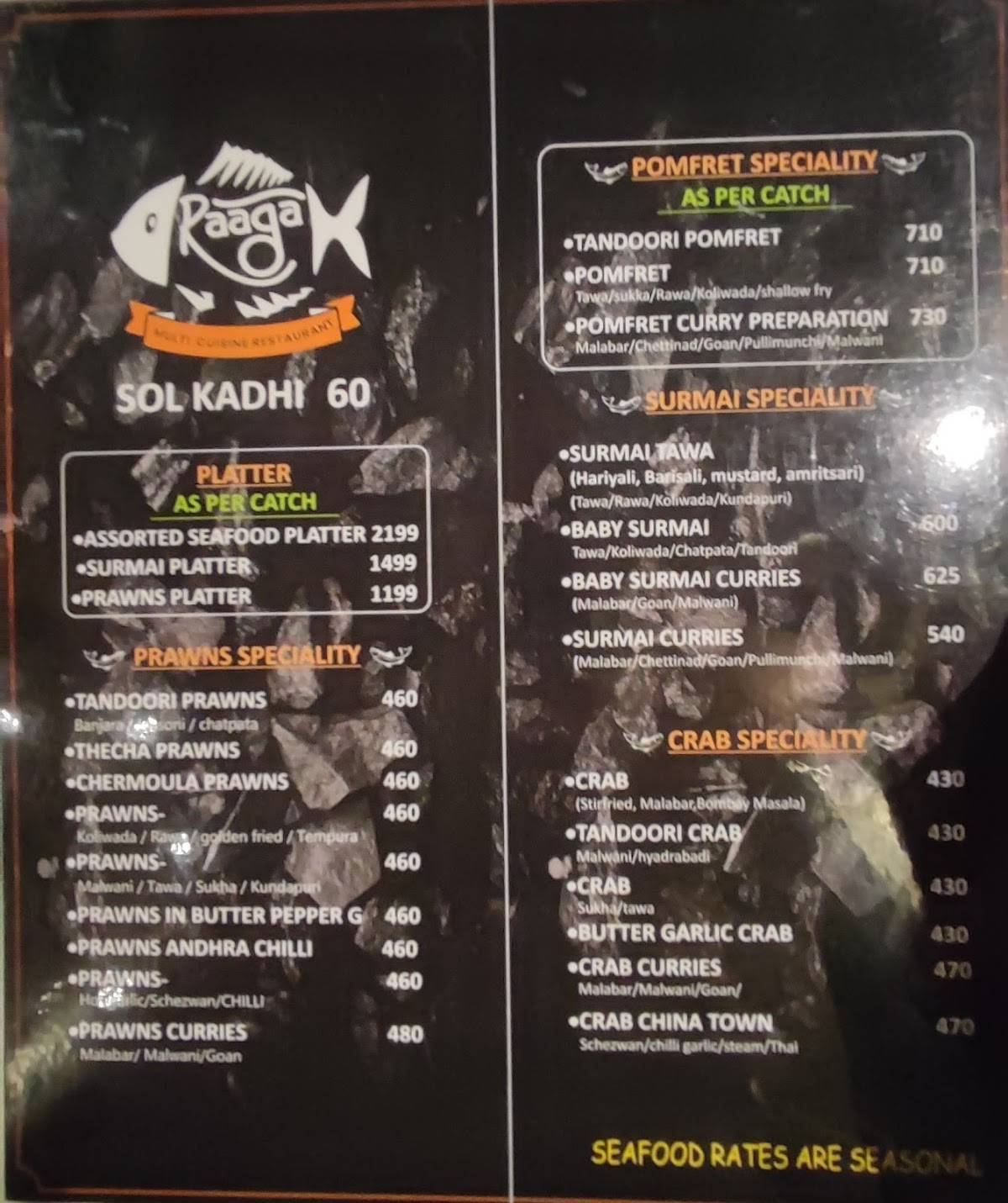 Raaga Restaurant menu