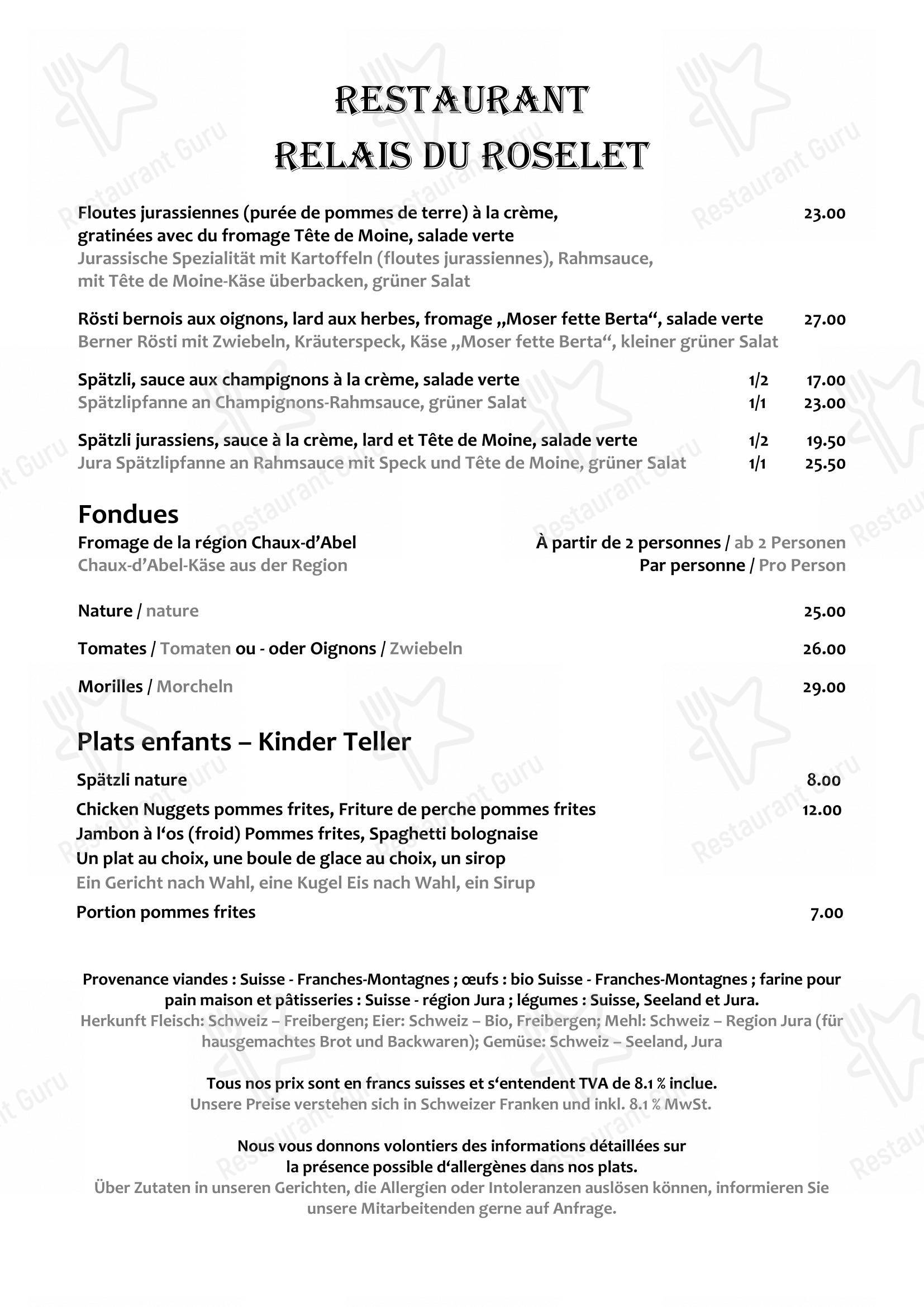 Menu di Restaurant «Relais du Roselet» - Menu