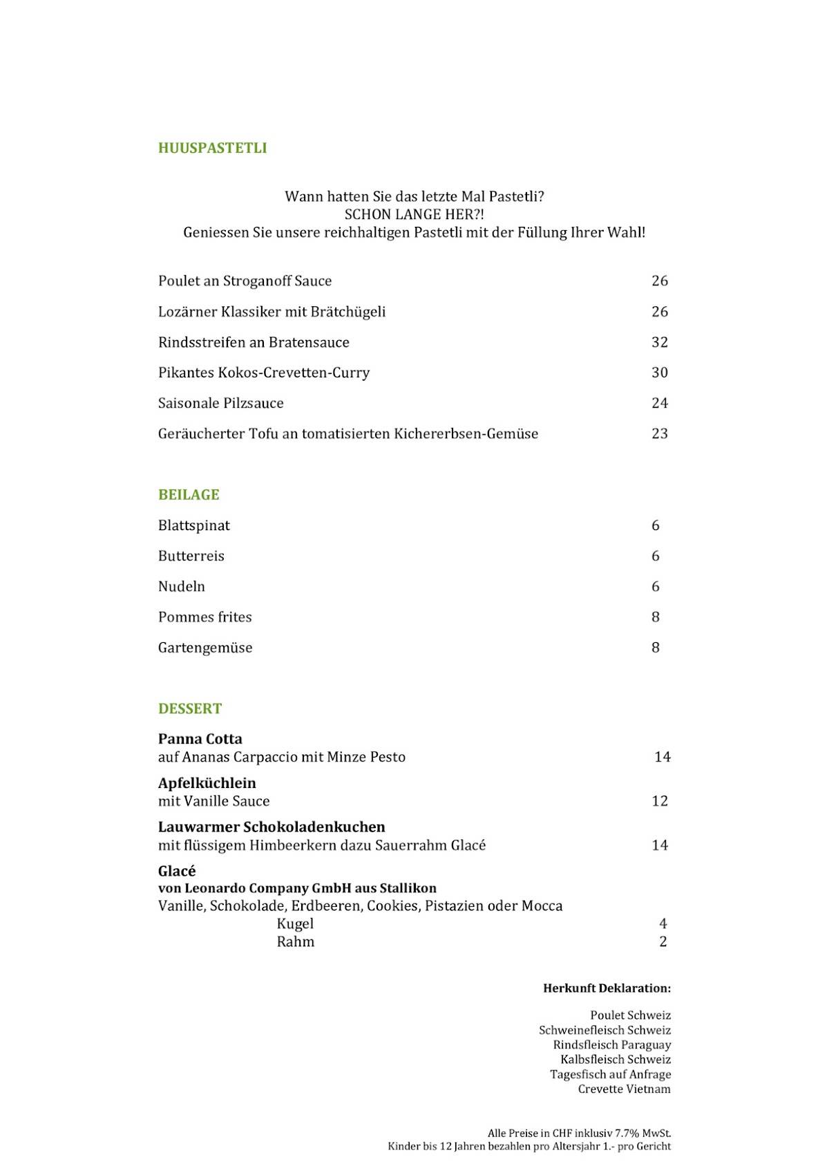 Speisekarte von Restaurant Dörfli, Uitikon