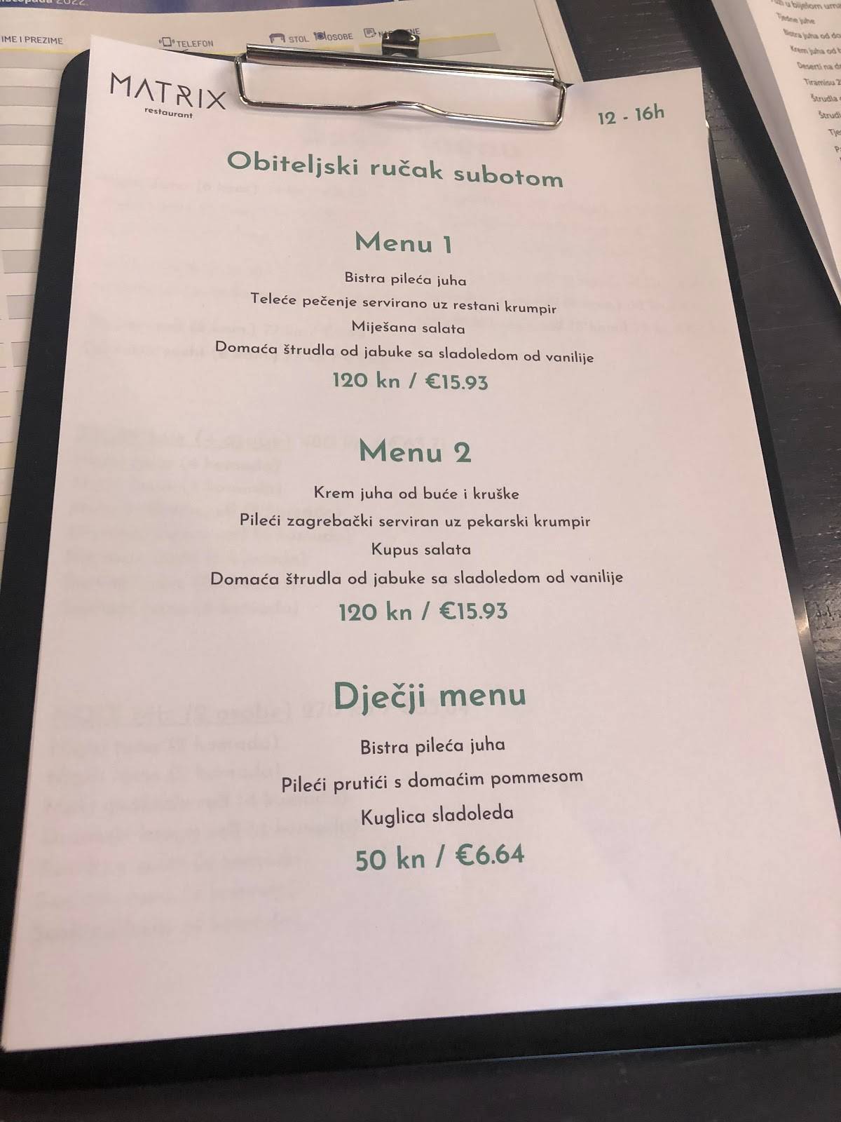 Menu di Restoran Matrix 