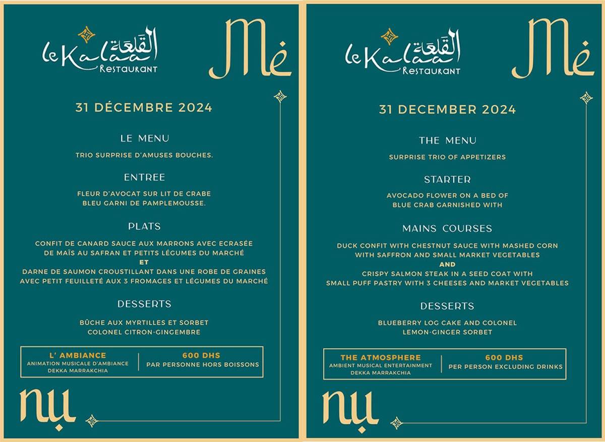 Menu de Restaurant Riad Kalaa