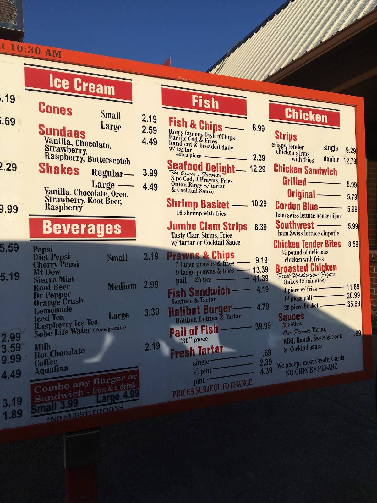 Menu at Ron's DriveIn restaurant, Spokane Valley
