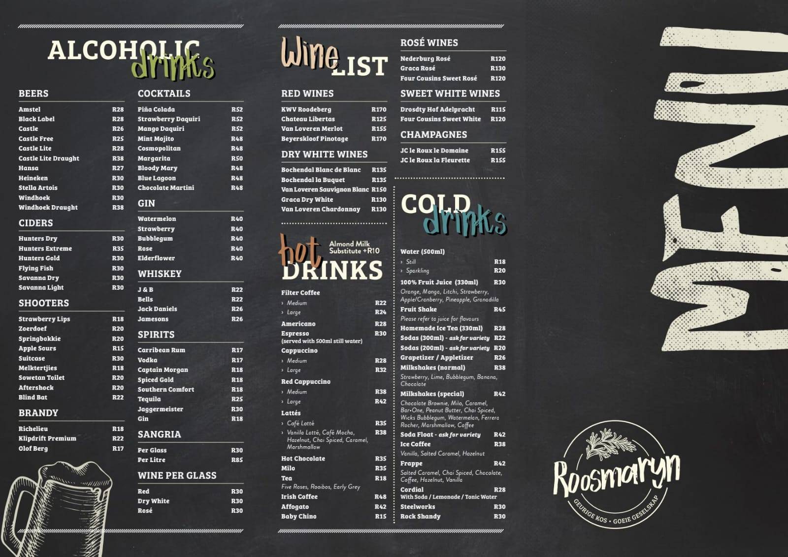 Menu at Roosmaryn restaurant, Potchefstroom
