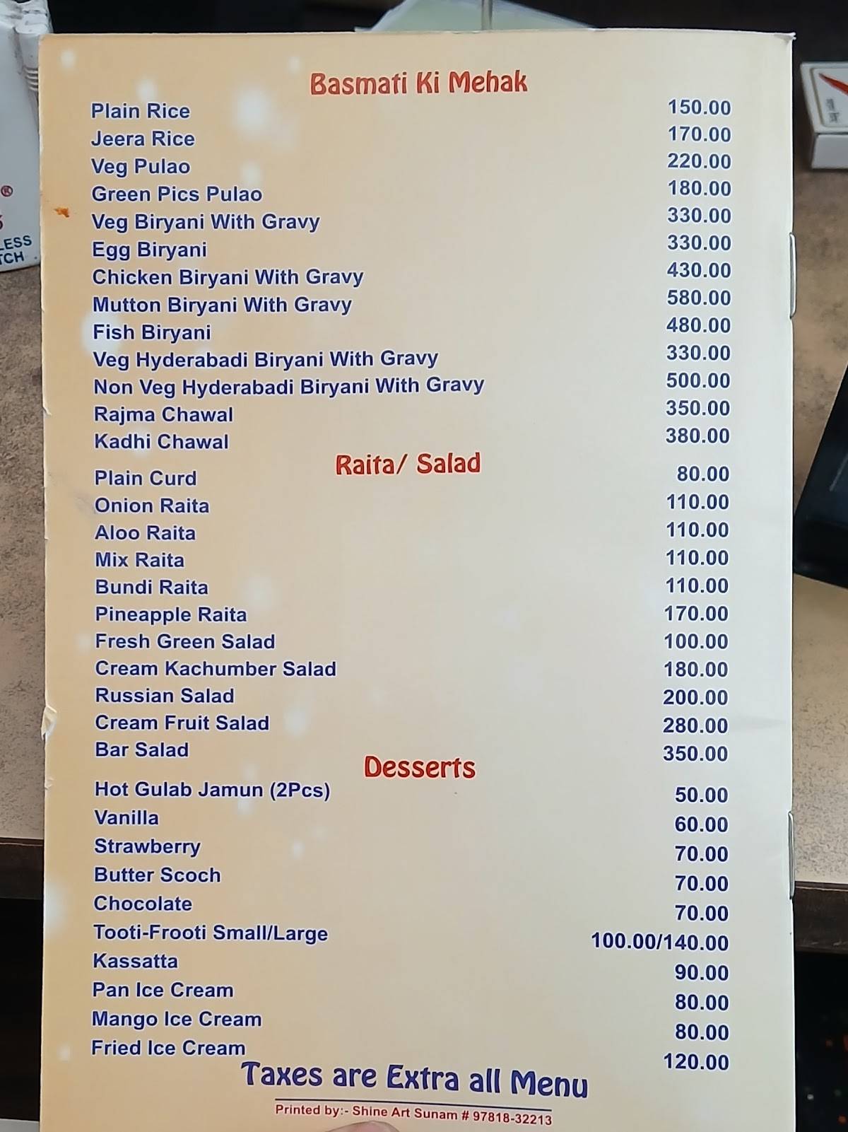 Royal Spice Restaurant menu