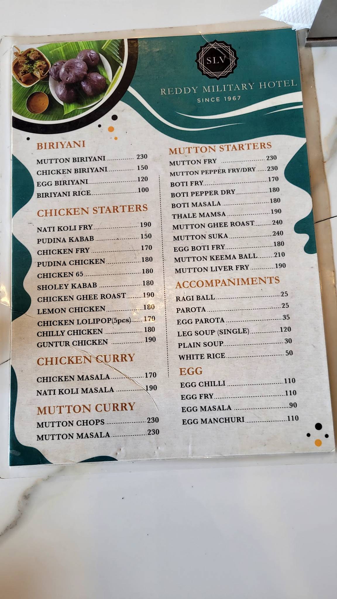 SLV Reddy Military Hotel (Naati Style) Since 1967 menu
