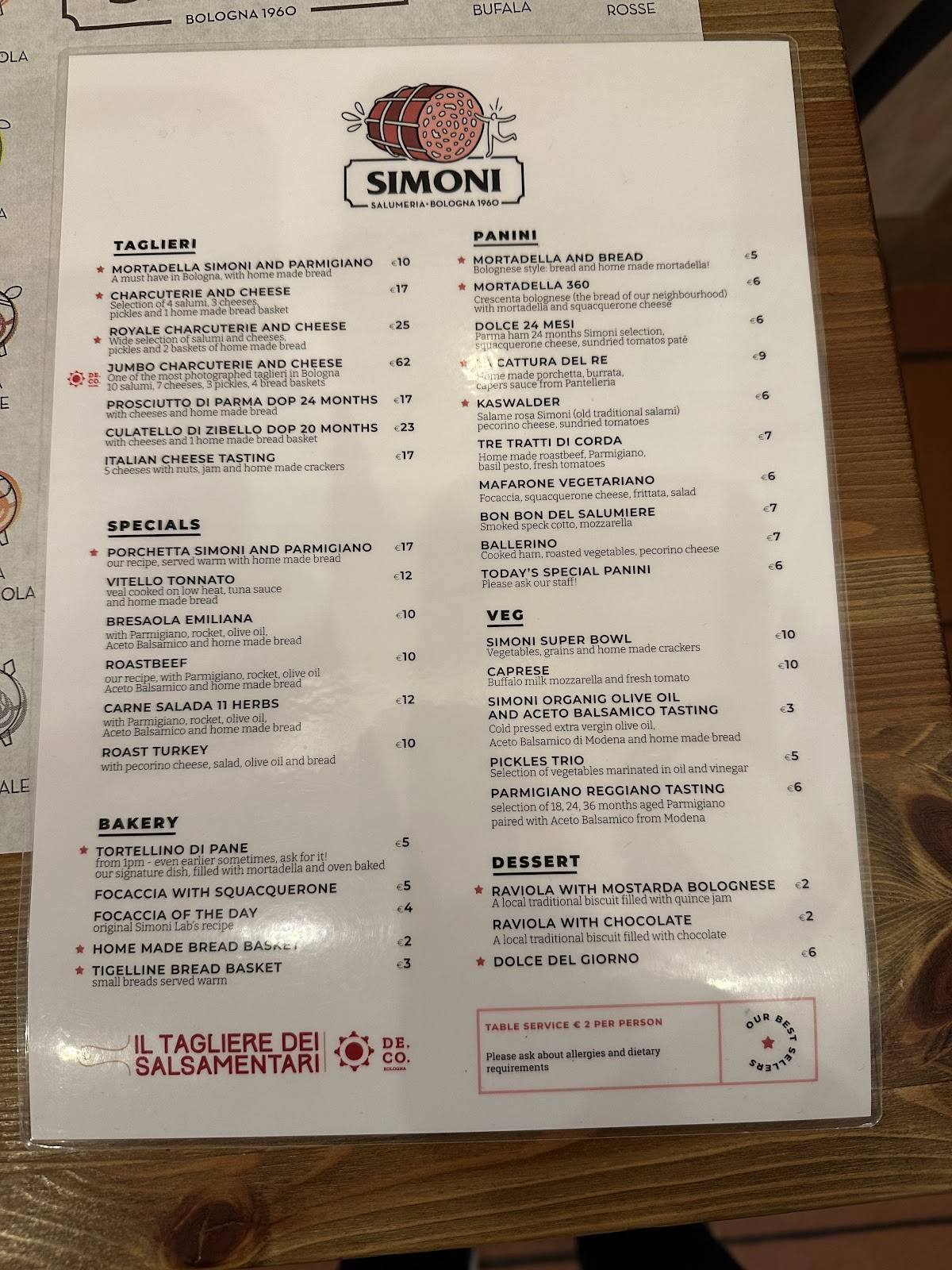 Menu di Salumeria Simoni Laboratorio 