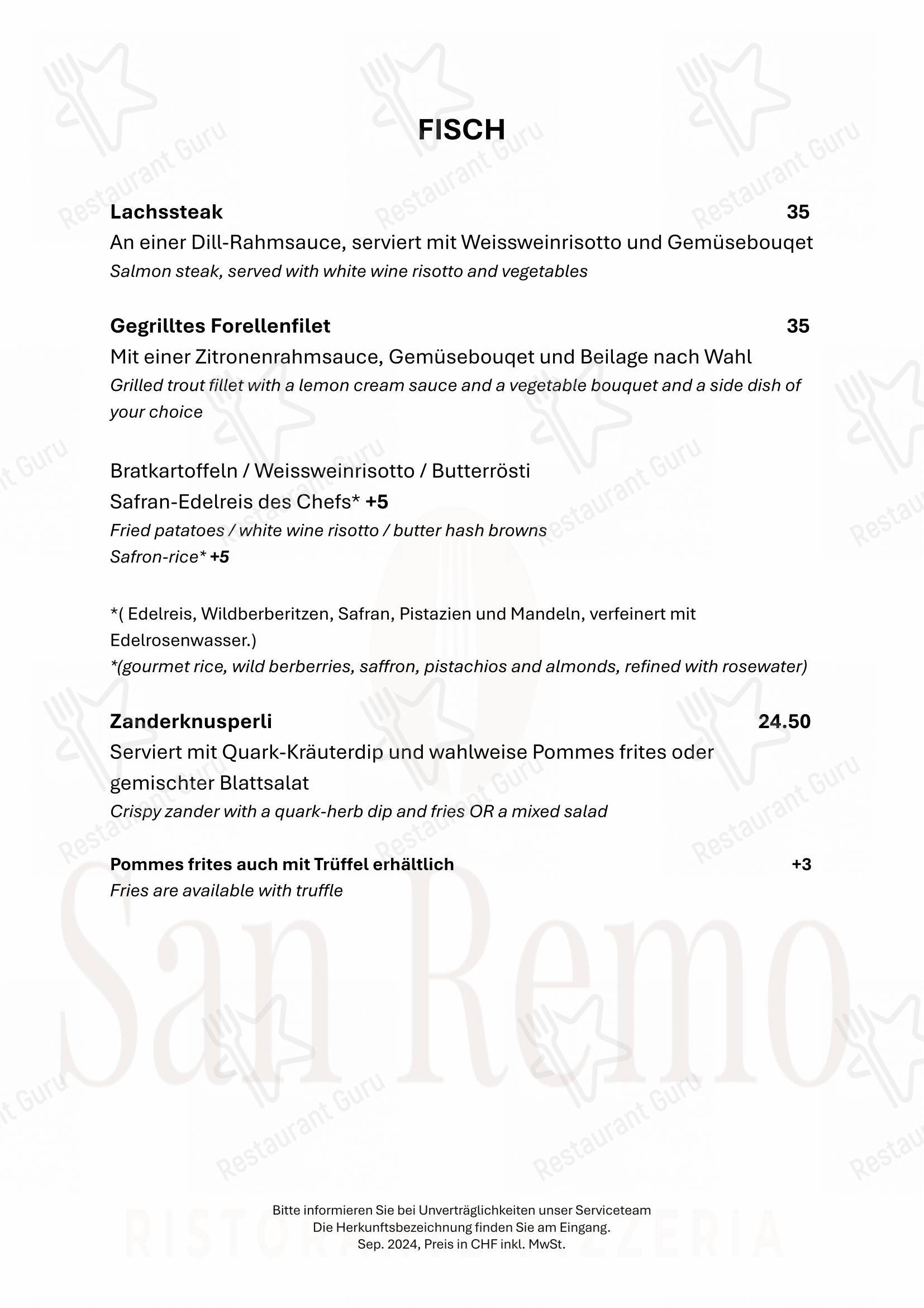 Menu di Restaurant San Remo GmbH - 菜单