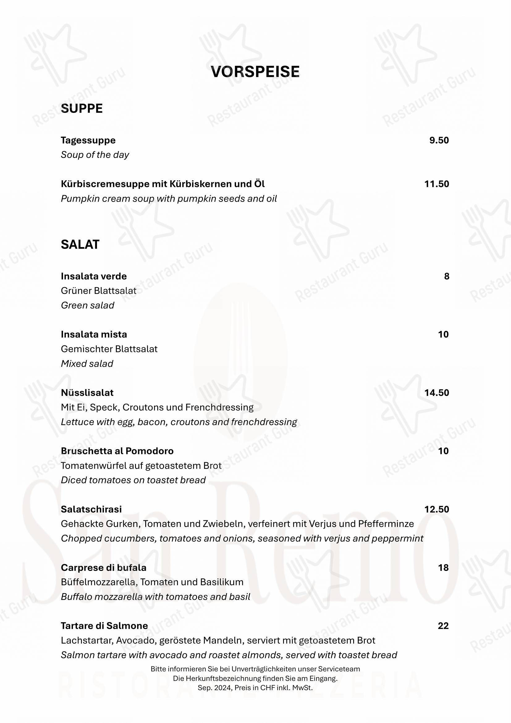 Restaurant San Remo GmbH in Winterthur - 菜单