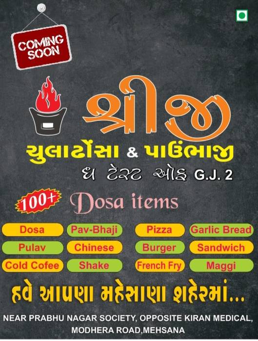 Shreeji chulha dosa and pav bhaji, Mehsana menu