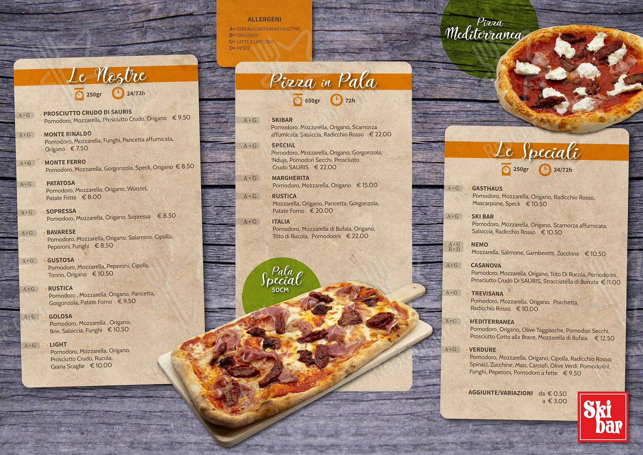 Takeaway Menu per SKIBAR SAPPADA RISTORANTE PIZZERIA HAMBURGERIA GOURMET asporto in Sappada