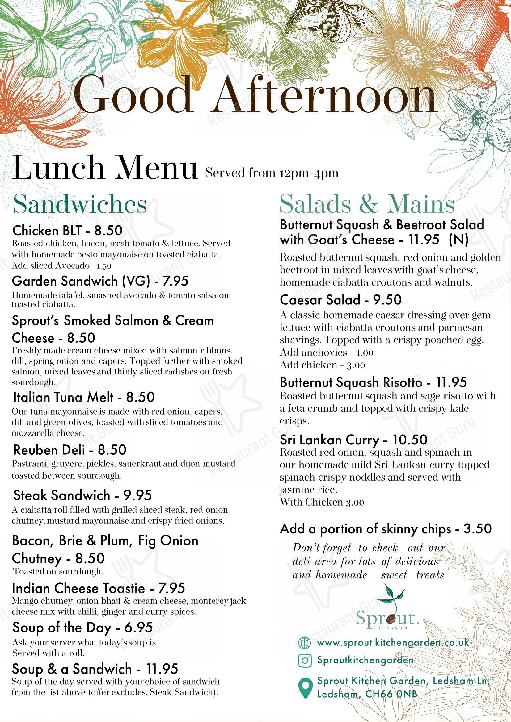 Menu at Sprout Kitchen Garden cafe, Ellesmere Port