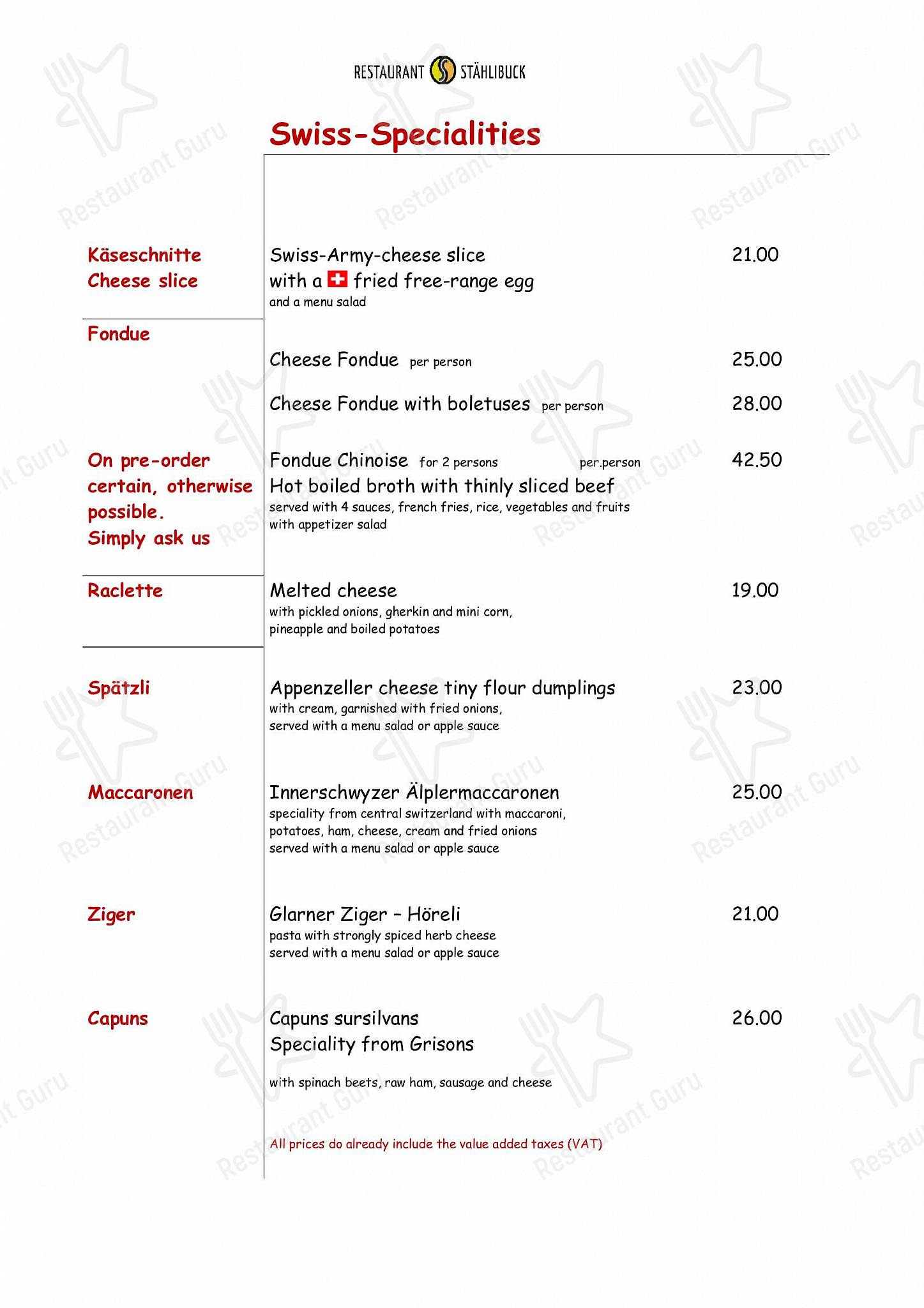 Menu di Restaurant Stählibuck - Menu
