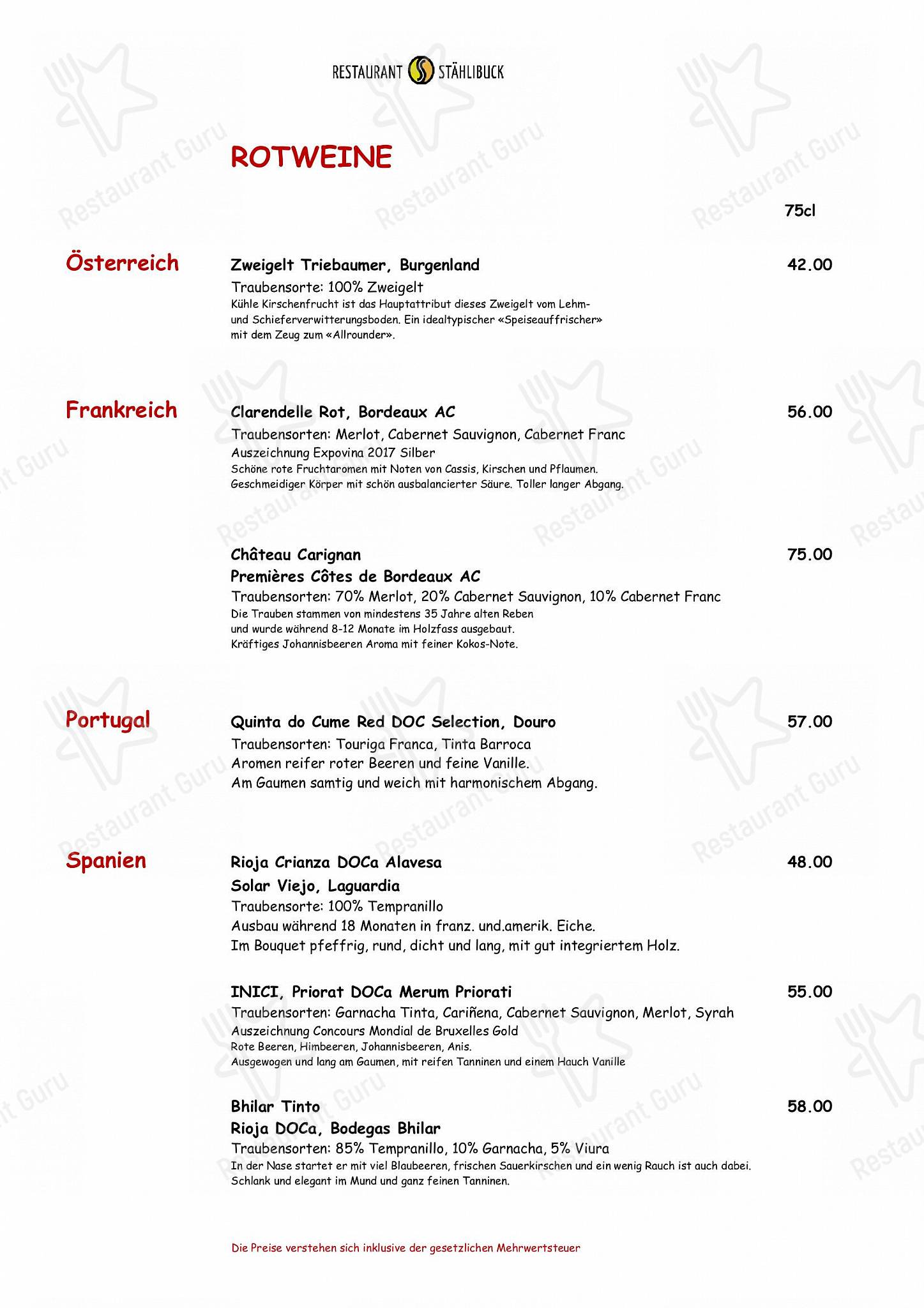 Menu per Restaurant Stählibuck ristorante