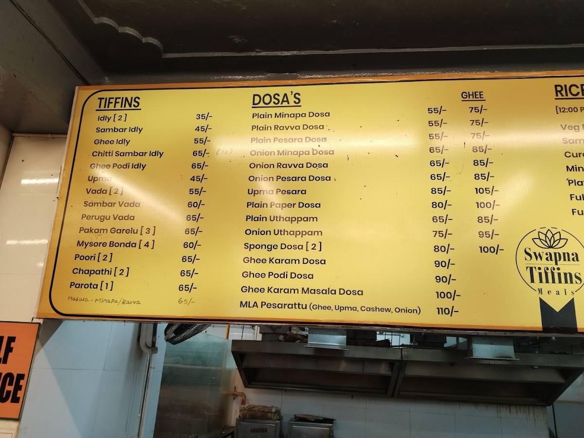 Swapna tiffins and meals menu