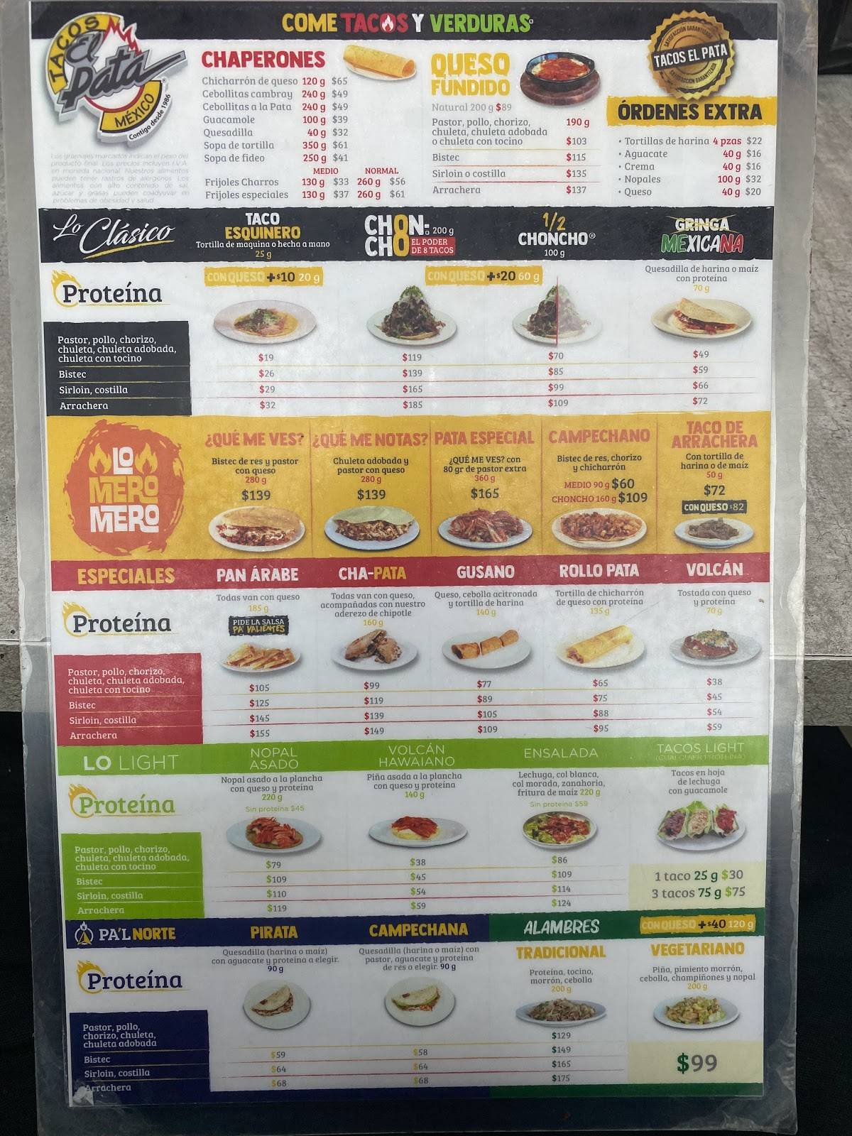 Carta del restaurante Tacos El Pata Suc Leones, Monterrey, Paseo del ...