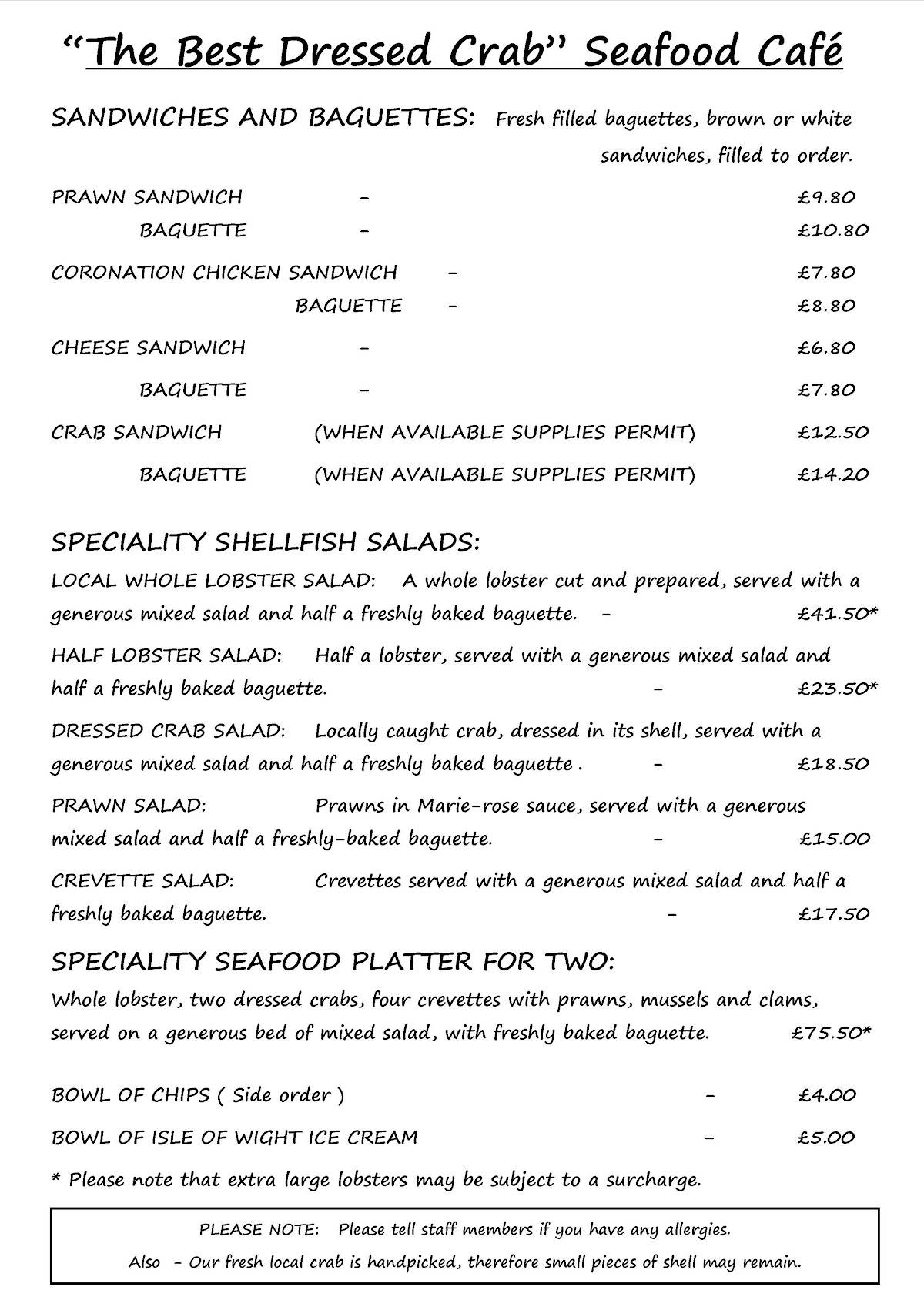 Menu at The Best Dressed Crab Ltd restaurant, Bembridge