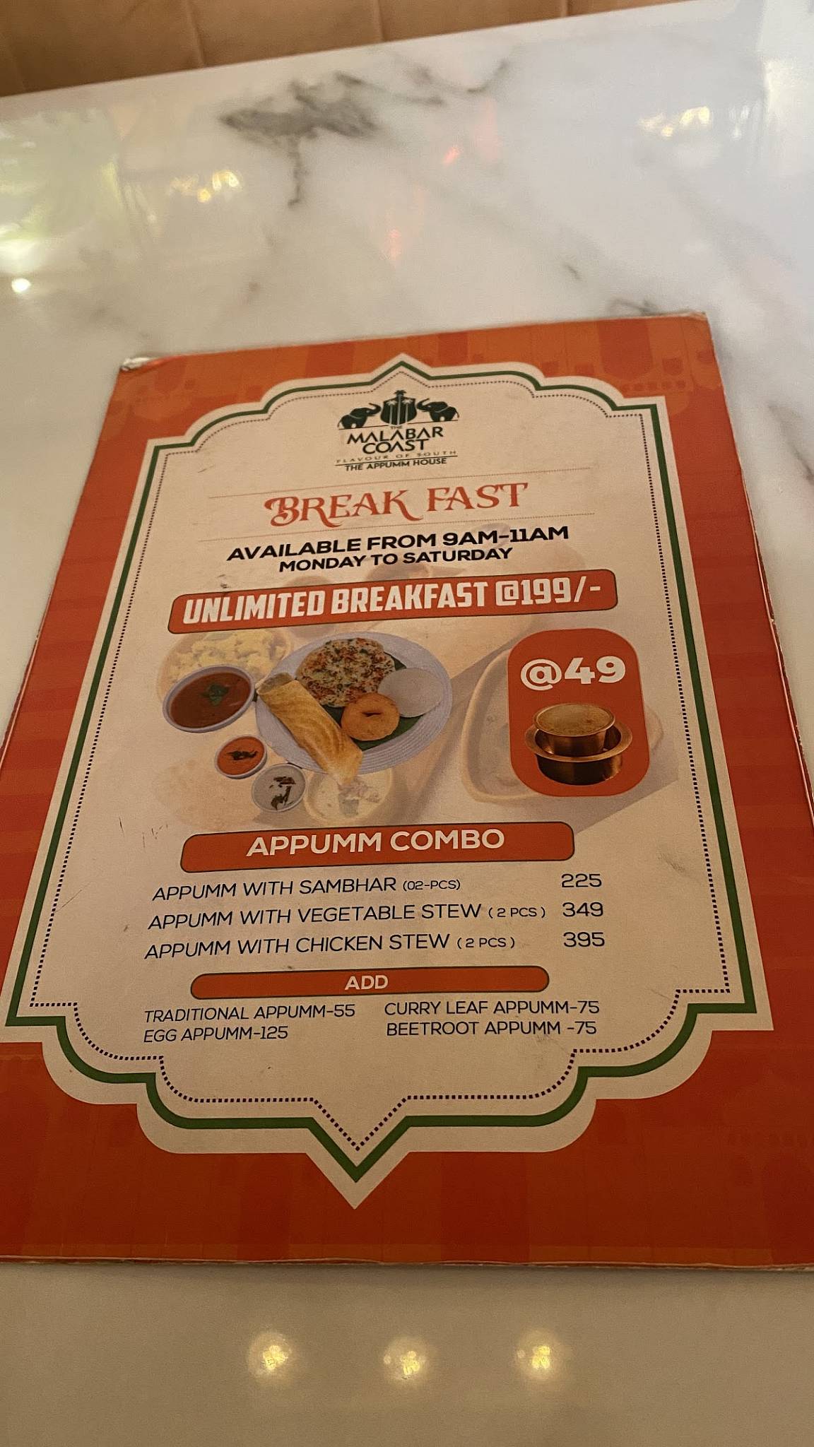 The Malabar Coast By The Appumm house menu