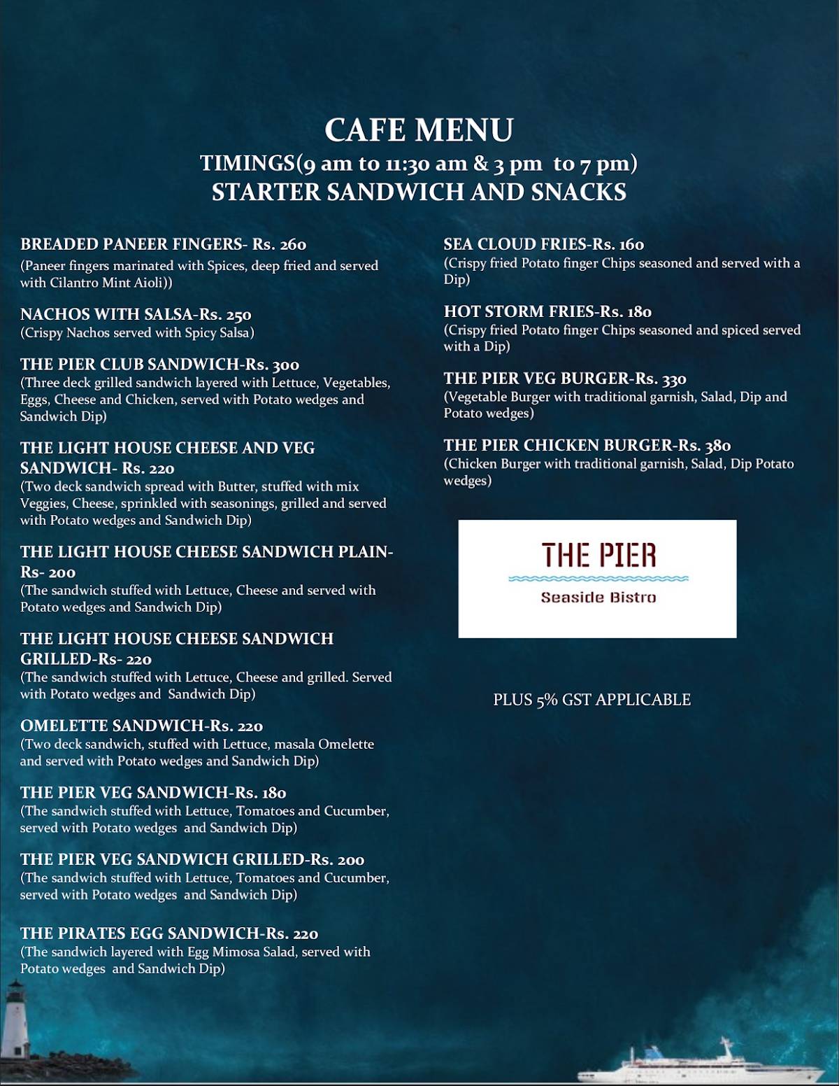 Menu at The Pier Seaside Bistro, Mormugao