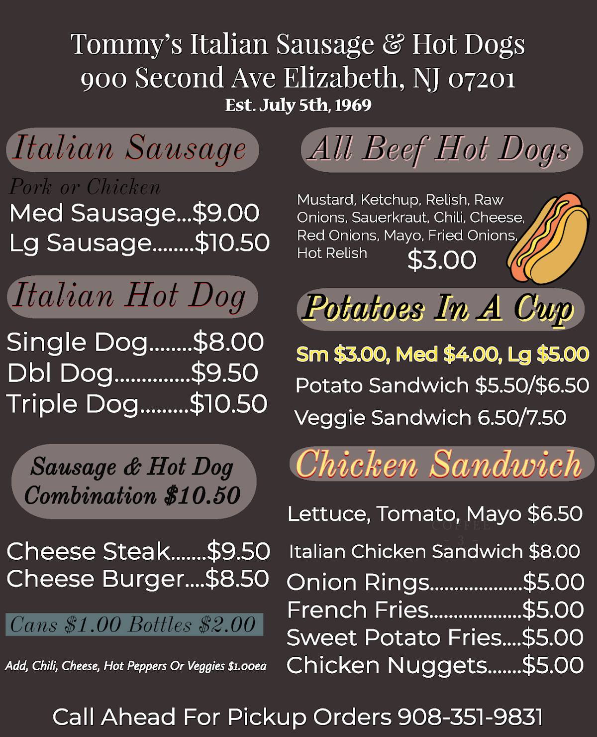 Menu at Tommy's Italian Sausage & Hot Dogs restaurant, Elizabeth