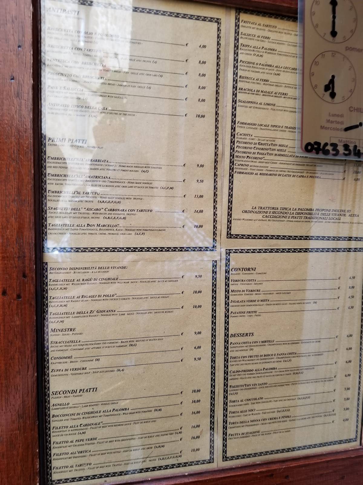 Menu At Trattoria La Palomba Restaurant Orvieto