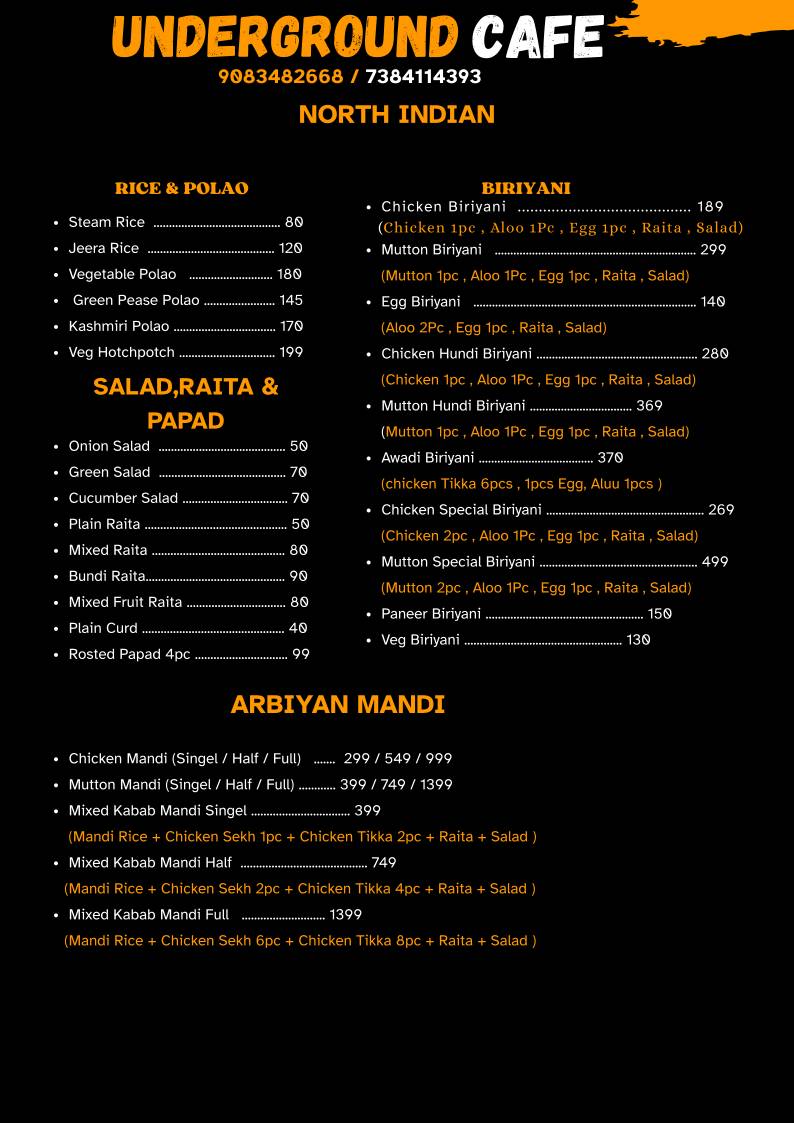 Underground Cafe menu