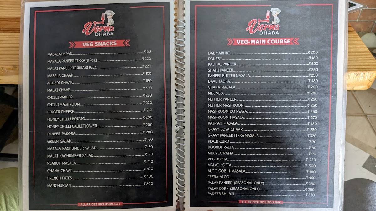 Verma Dhaba menu
