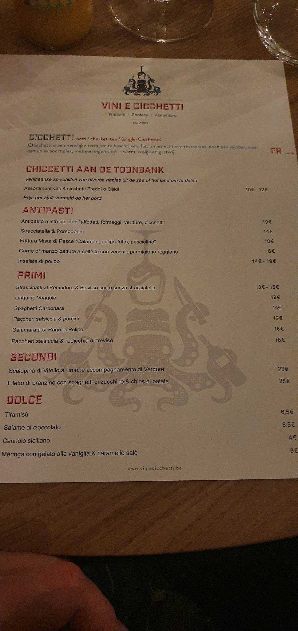 Menu de Vini e Cicchetti - à céder...