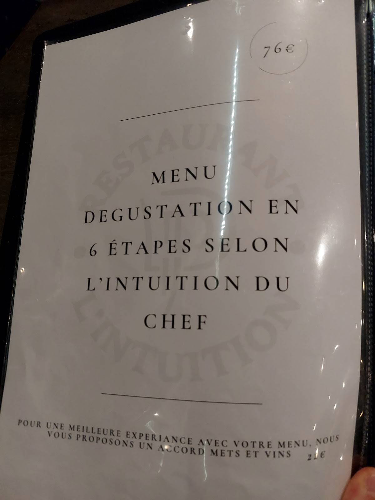 Menu de Restaurant l'Intuition