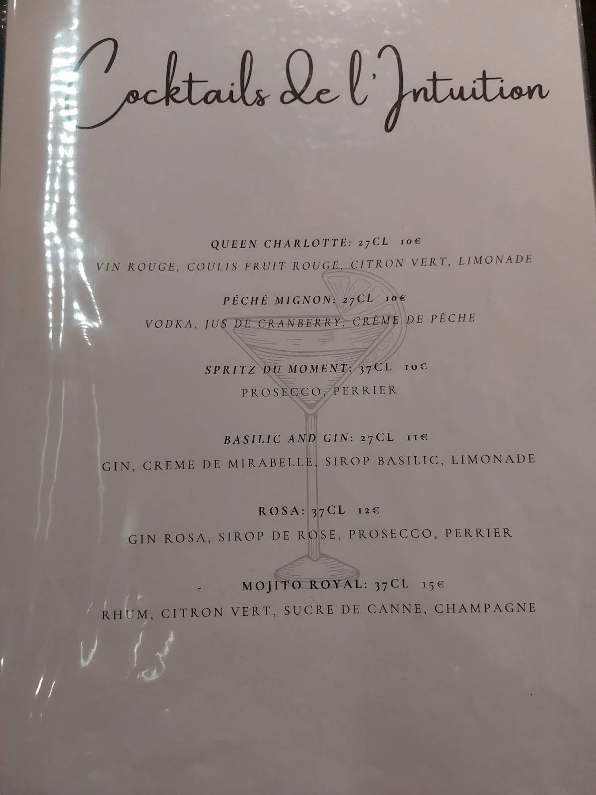 Menu de Restaurant l'Intuition