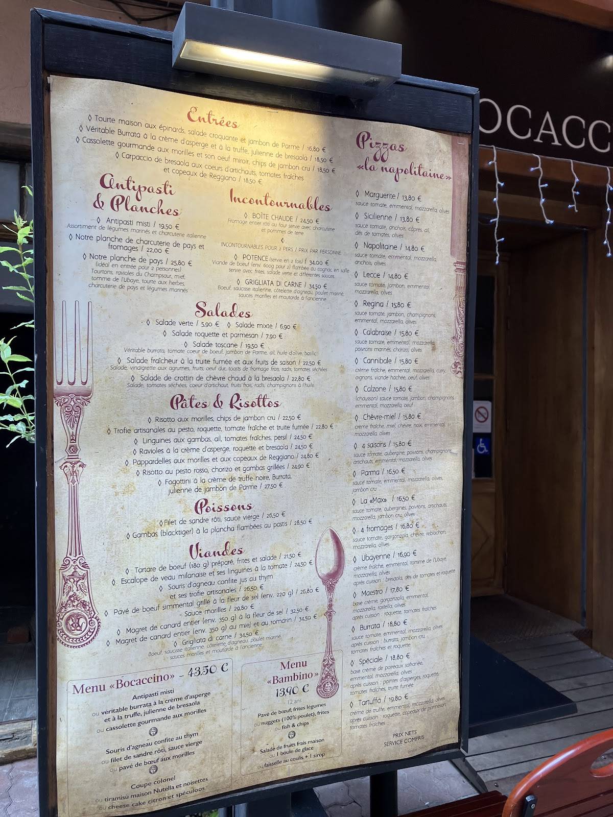 Menu de Restaurant le Bocaccino