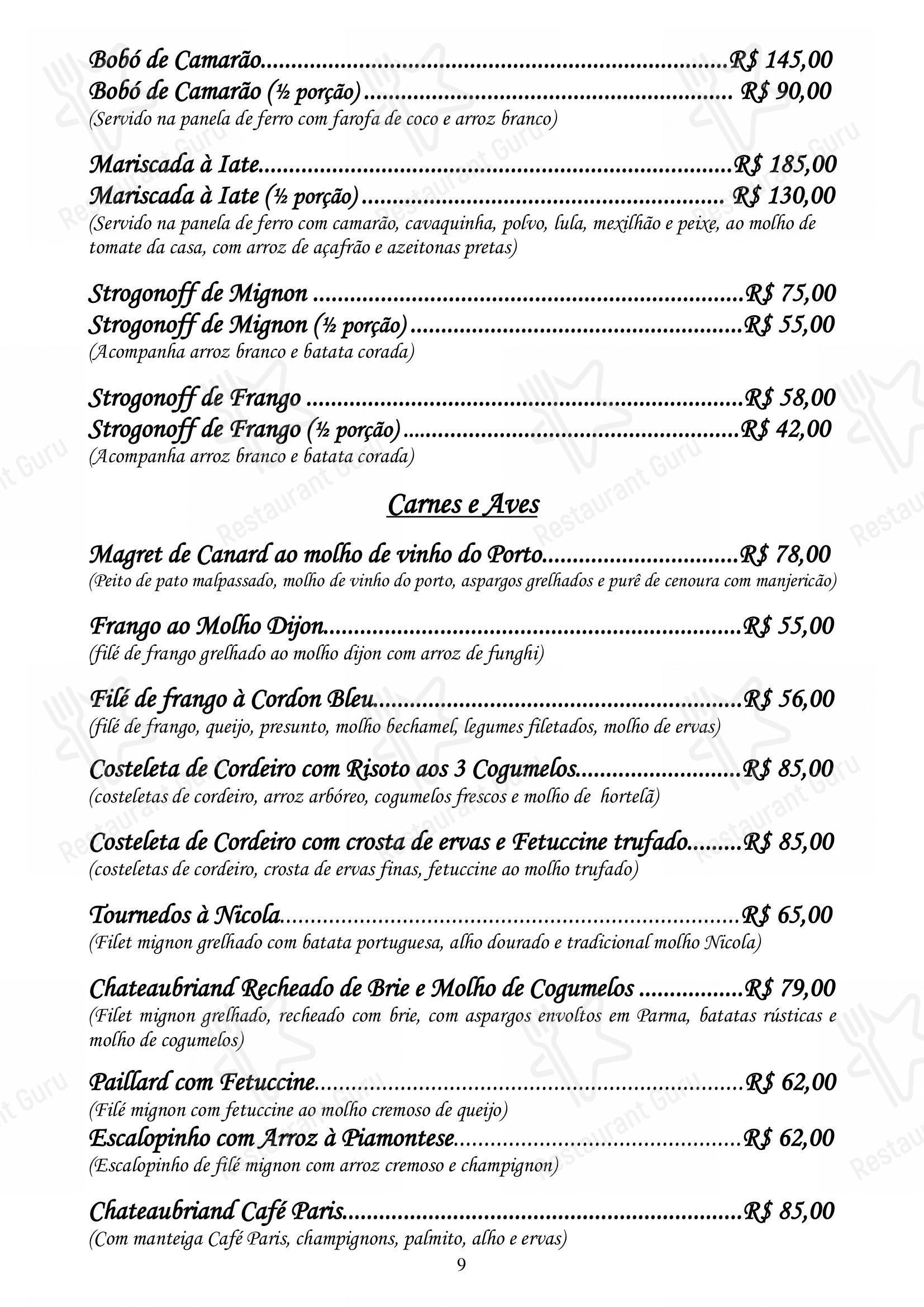 Menu para Restaurante Convés restaurante