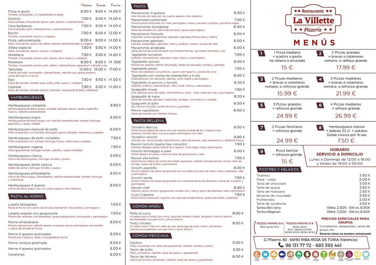 Menu at Restaurante La Villette, Ribaroja de Túria