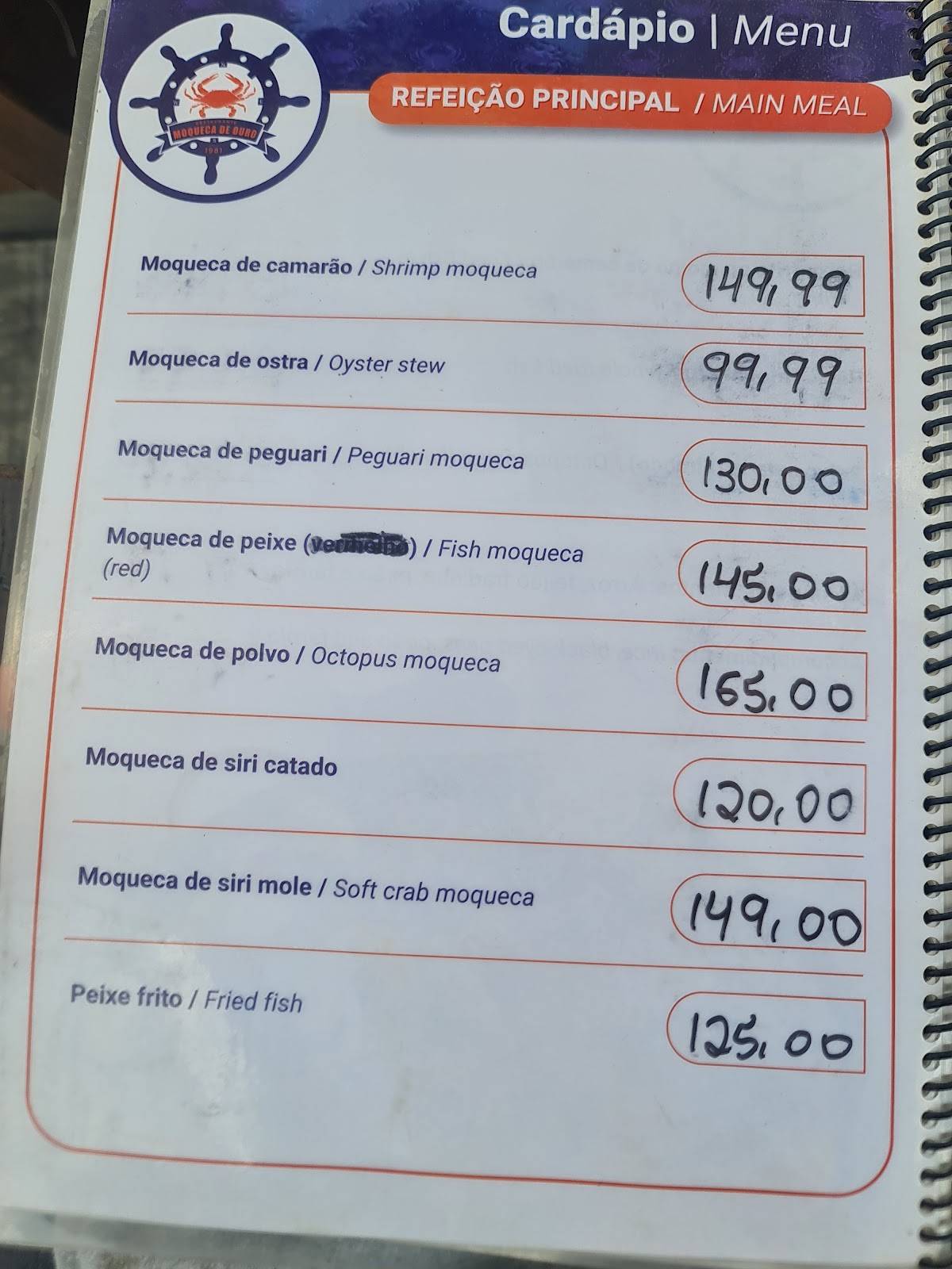Restaurante Moqueca de Ouro cardápio