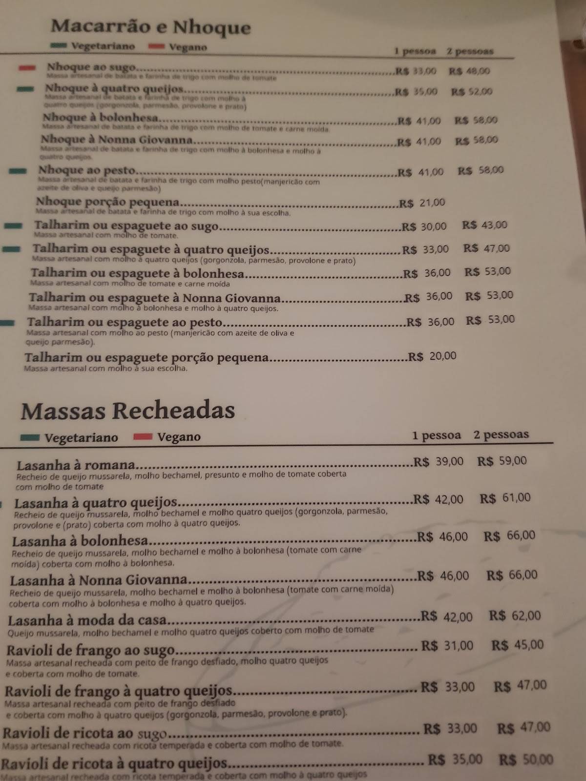 Restaurante Nonna Giovanna cardápio
