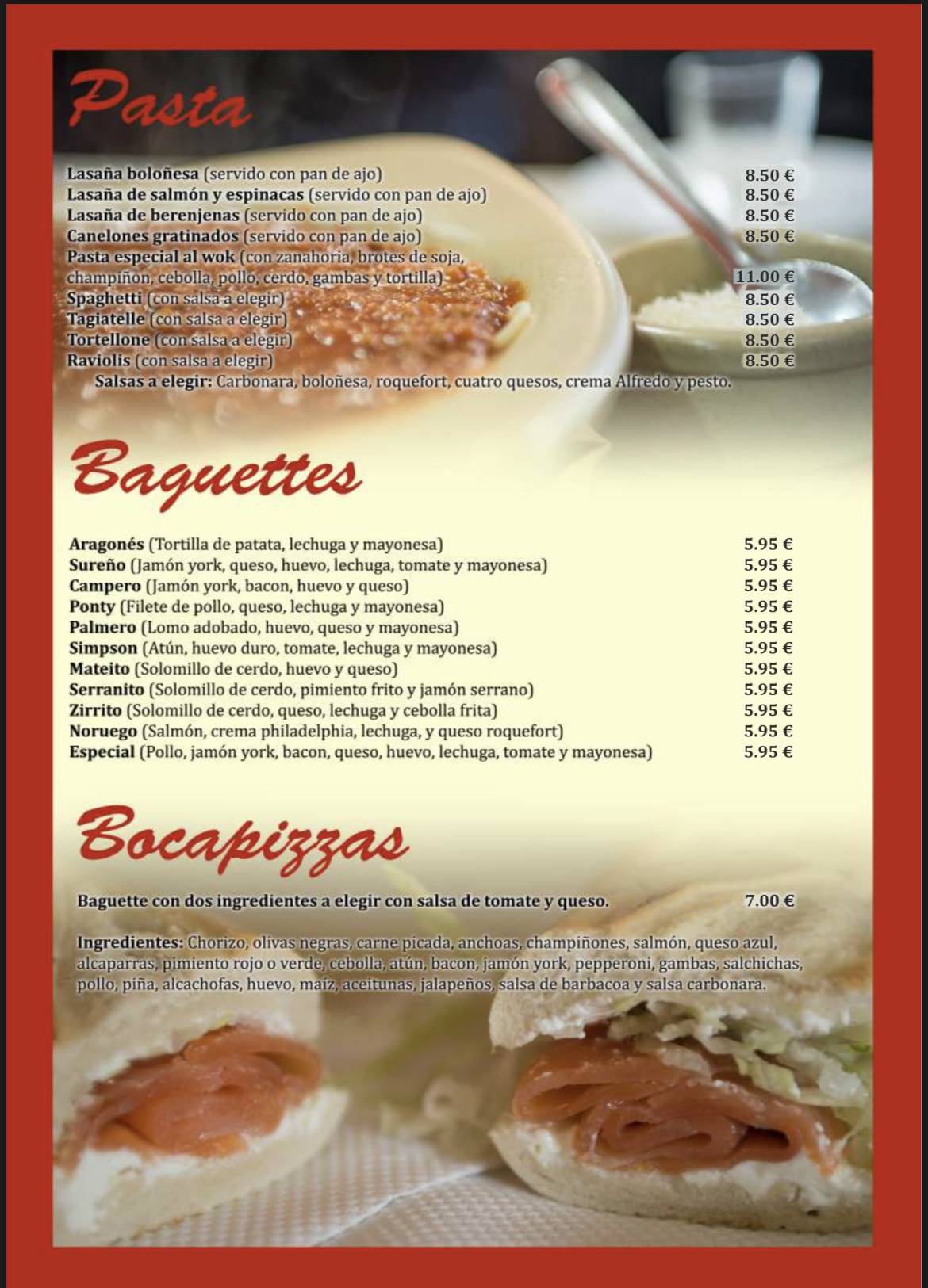 Carta de Restaurante Pizza & Pasta, Rota, Av. de la Diputación