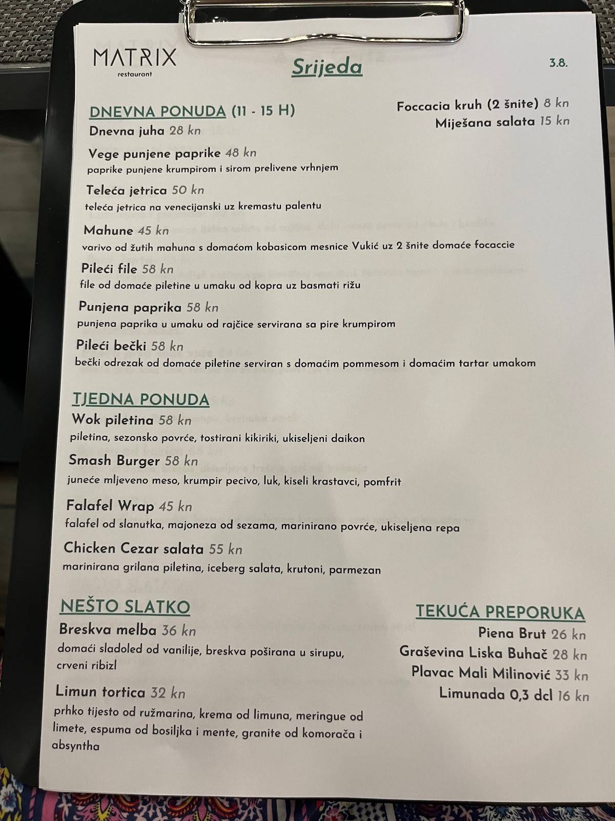 Menu di Restoran Matrix 