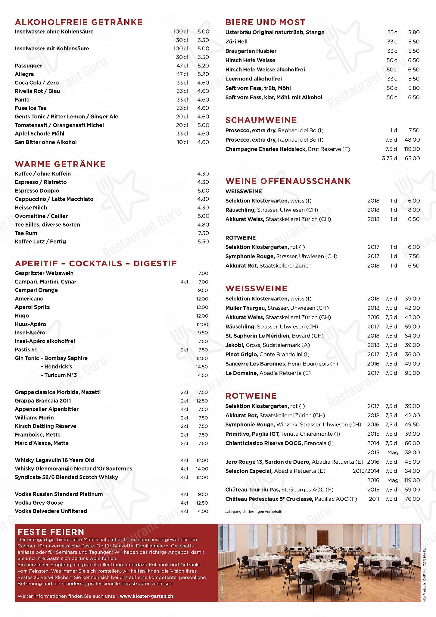 Takeaway Menu per Restaurant Klostergarten ristorante