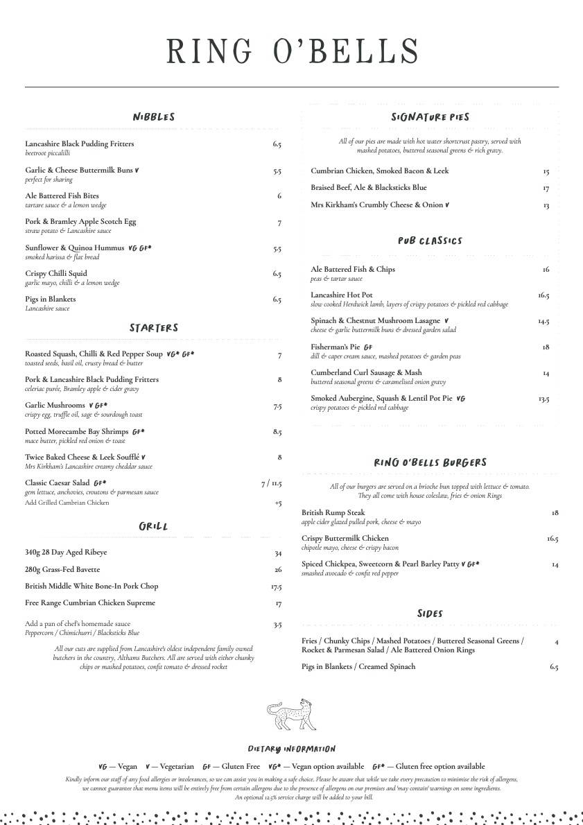 Menu at Ring O Bells pub & bar, Ormskirk