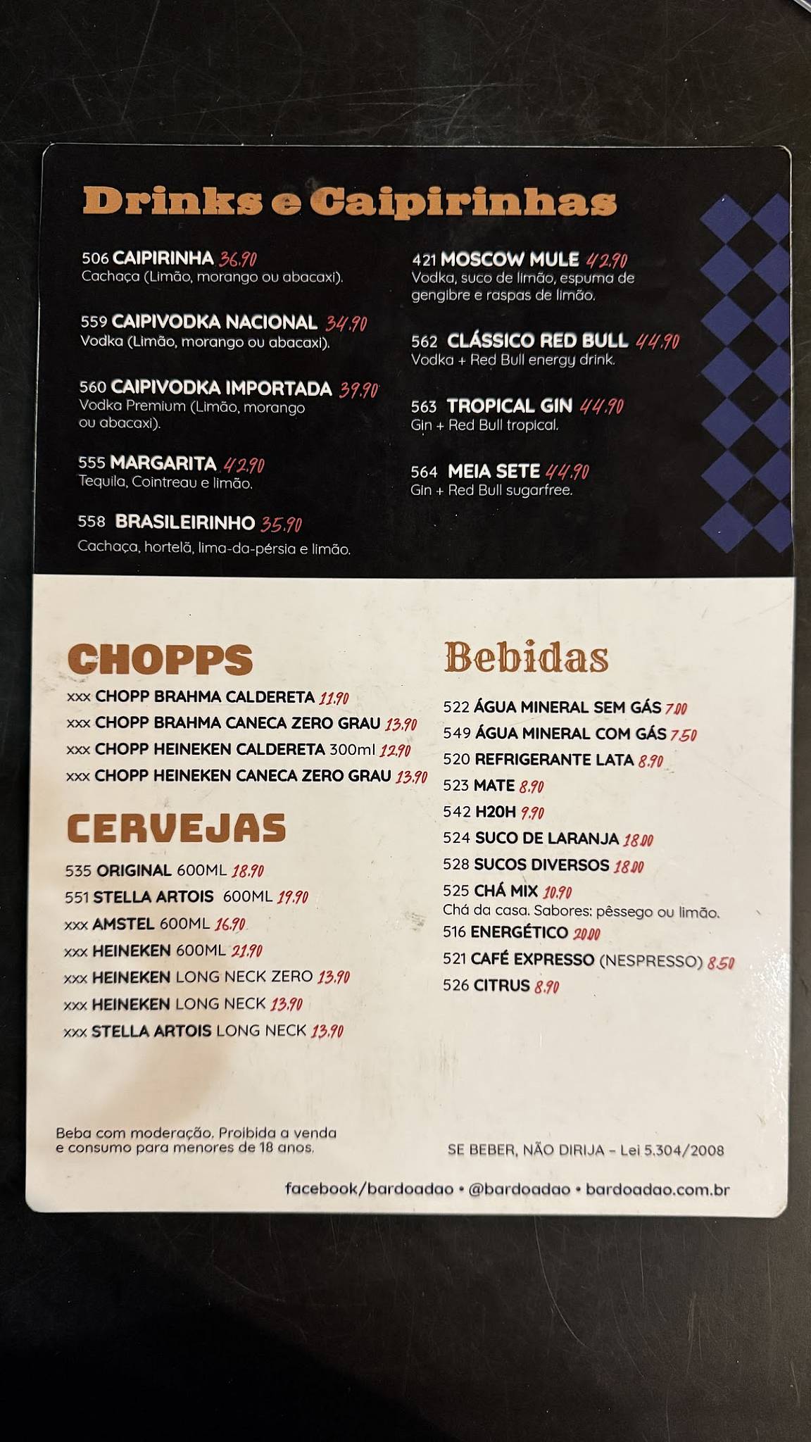 Bar do Adão cardápio