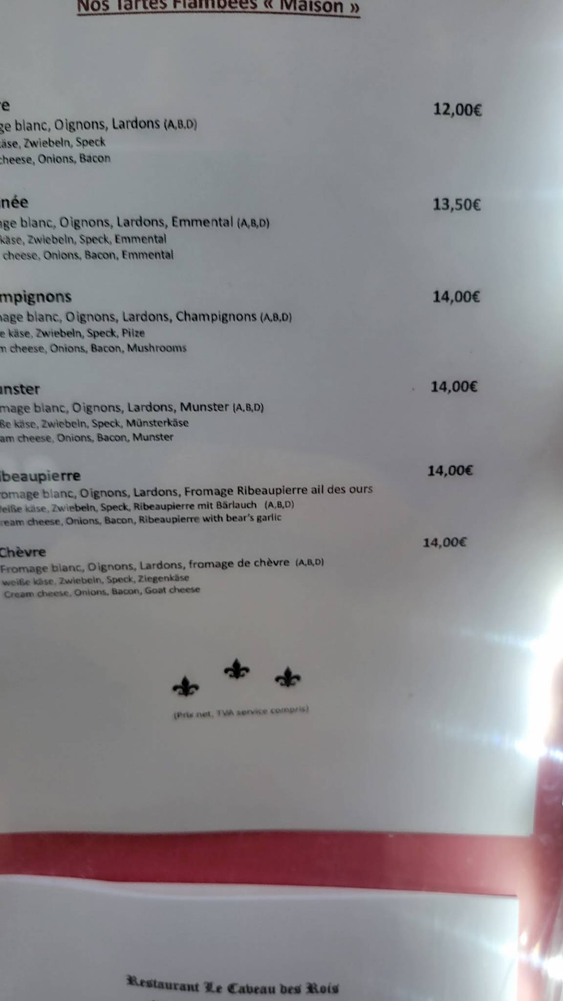 Menu de Le Caveau des Rois