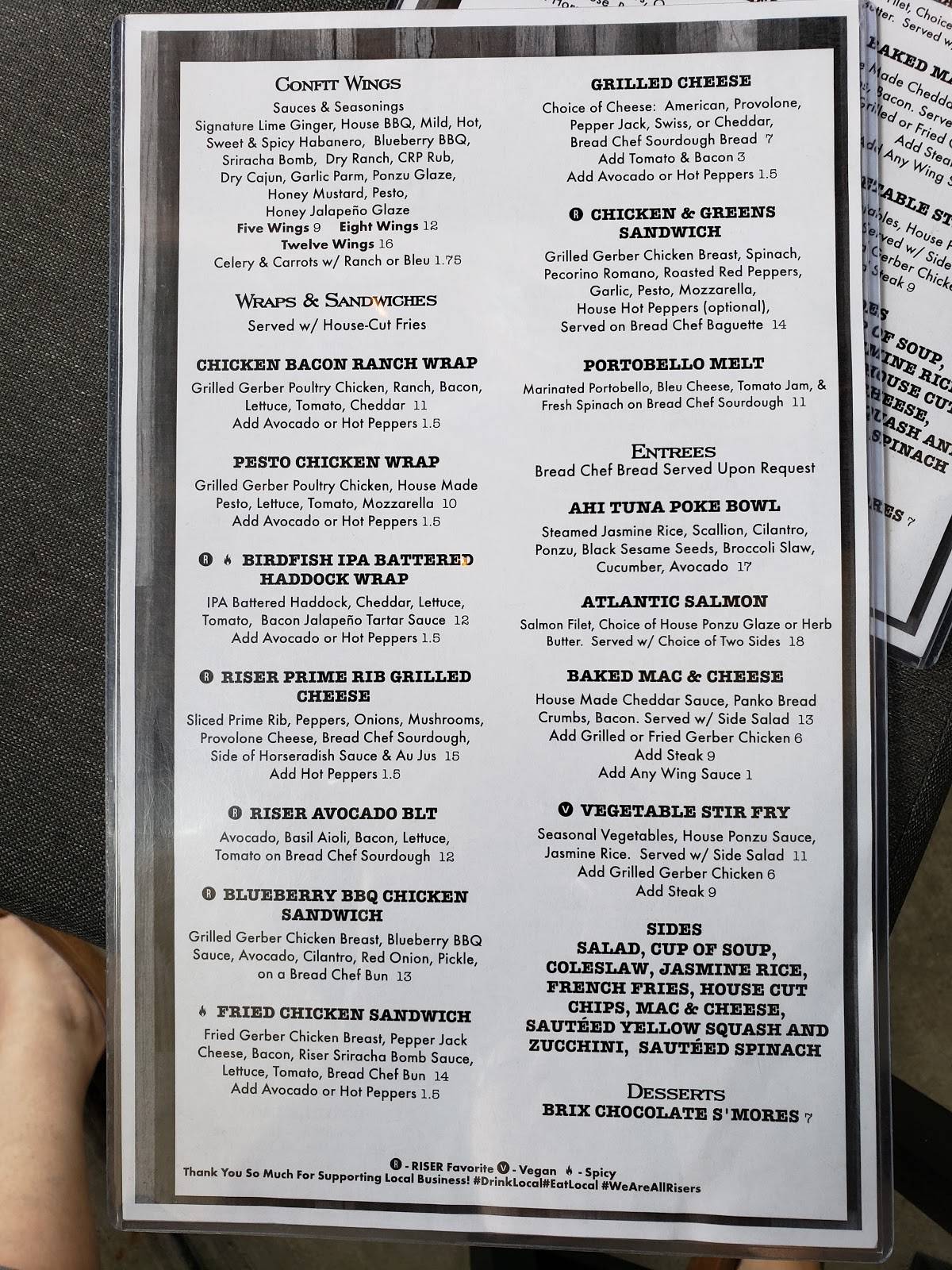 Menu at Riser Tavern & Grill pub & bar, Boardman