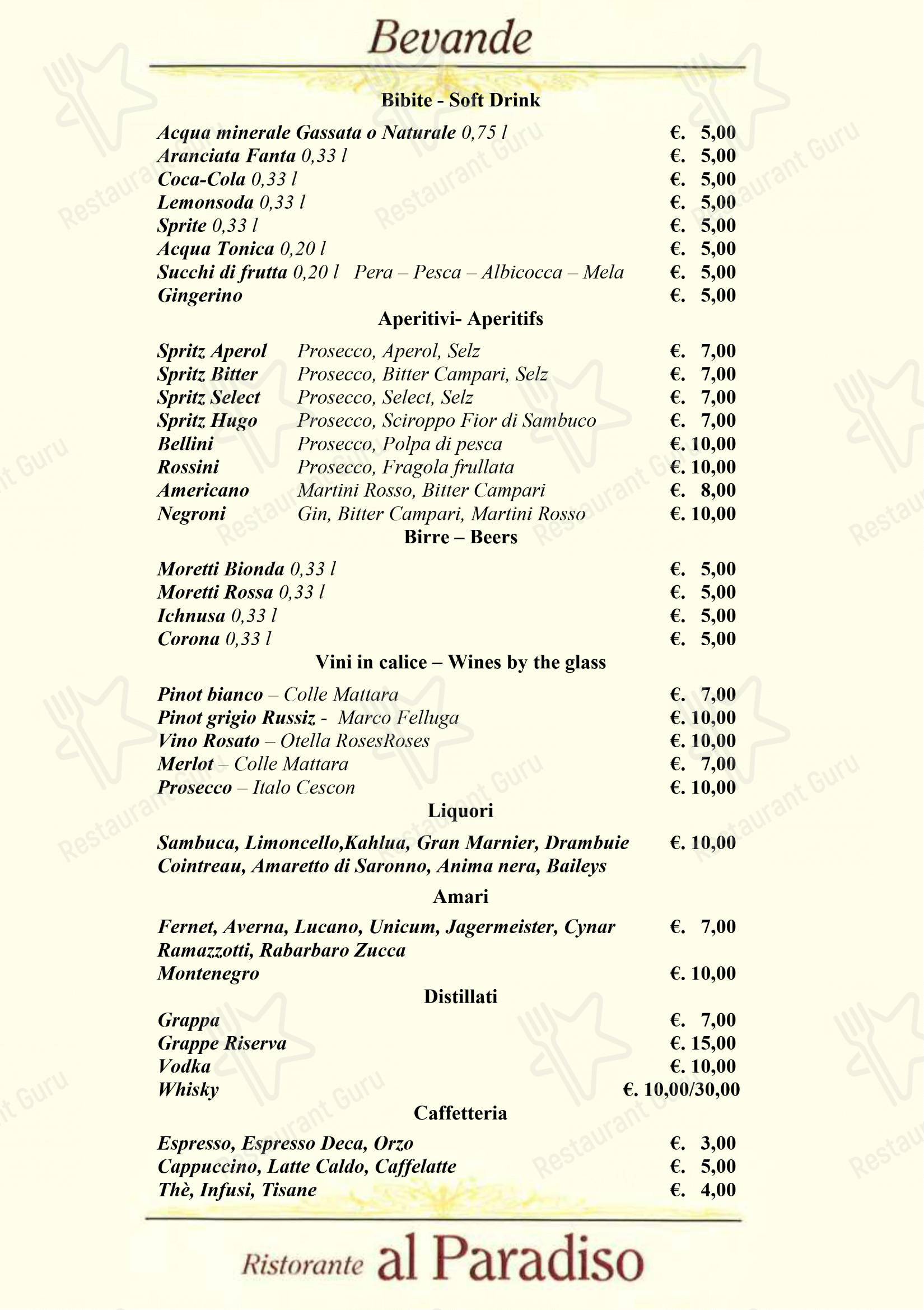 菜单 per Ristorante Al Paradiso ristorante