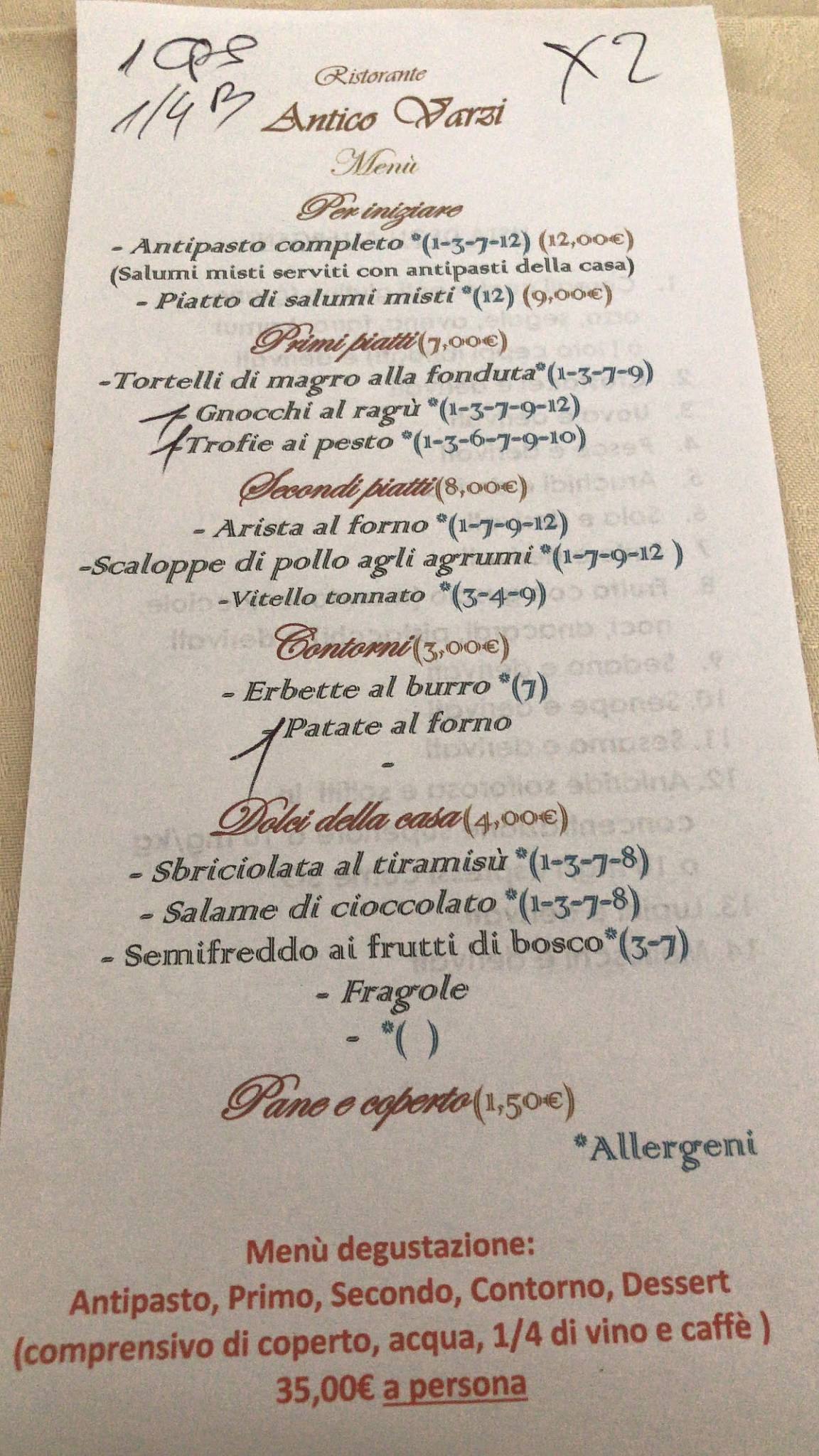Menu di Ristorante Antico Varzi di Scabini Giuliana 