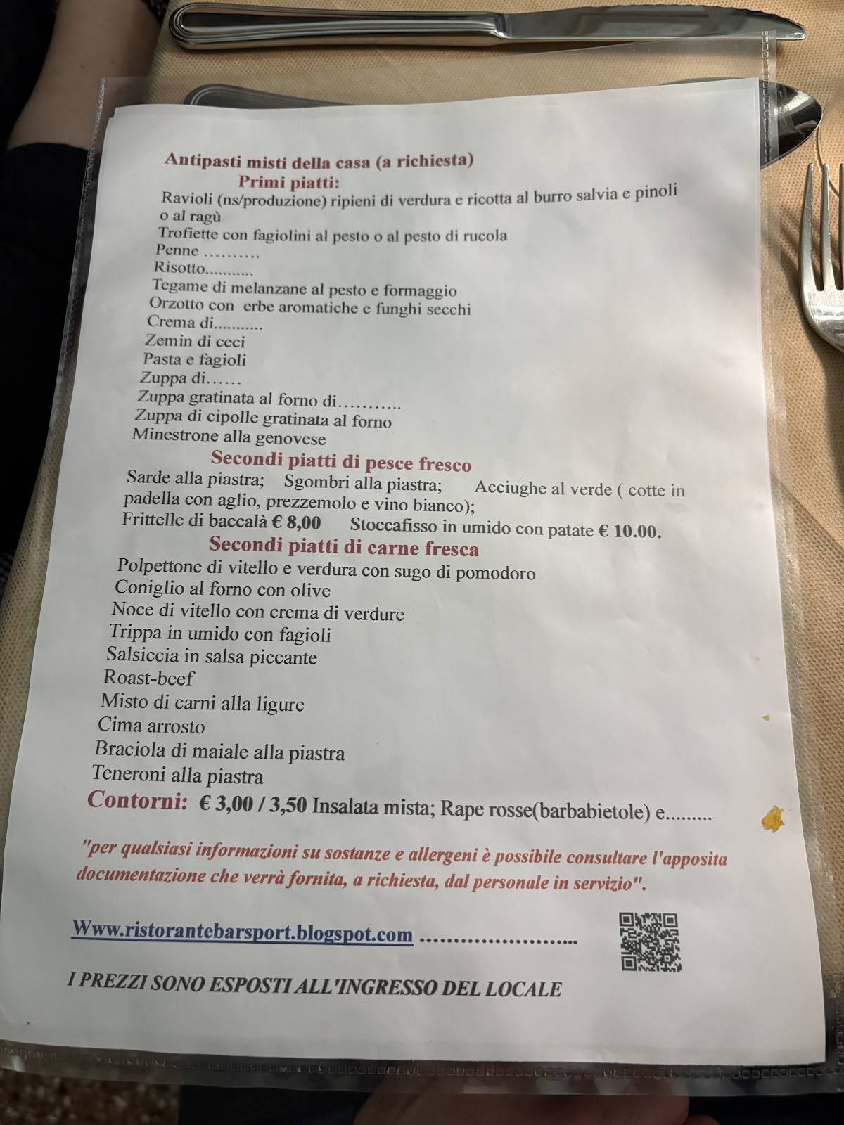 Menu di Ristorante Bar Sport 