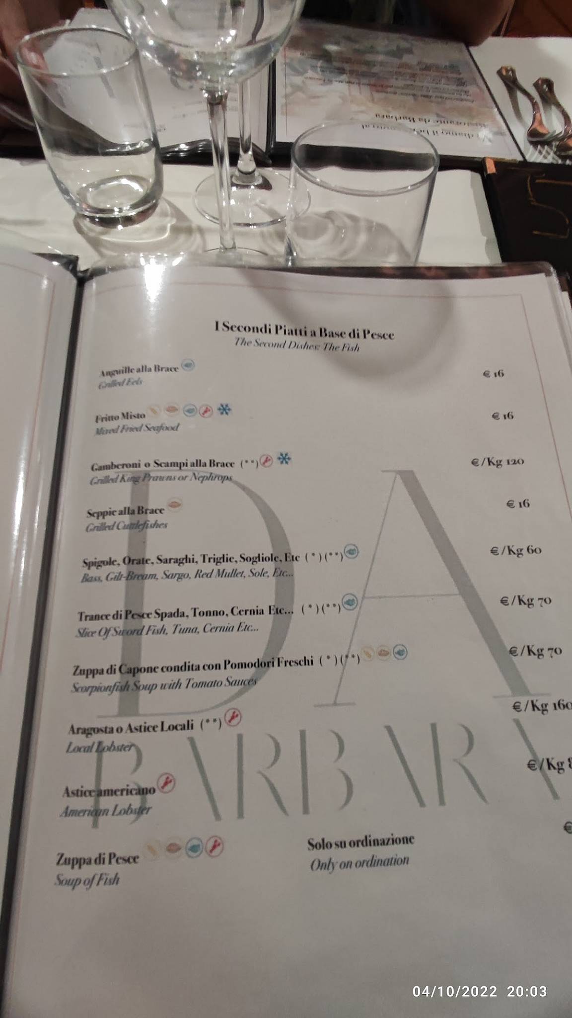 Menu di Ristorante Da Barbara di Asuni Lazzaro e C. 