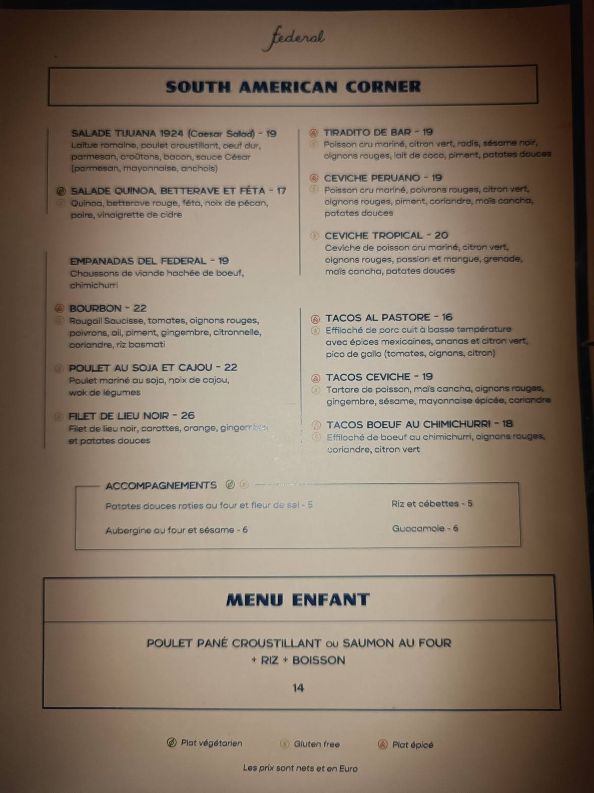 Menu de Ristorante Federal - Cannes