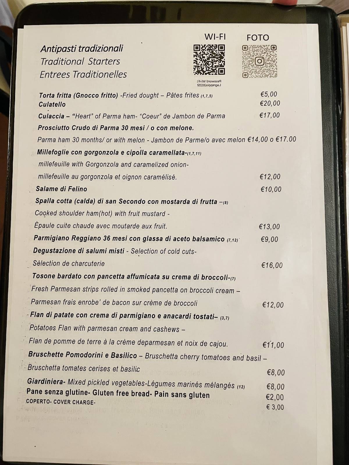 Menu di Ristorante La Greppia Parma 
