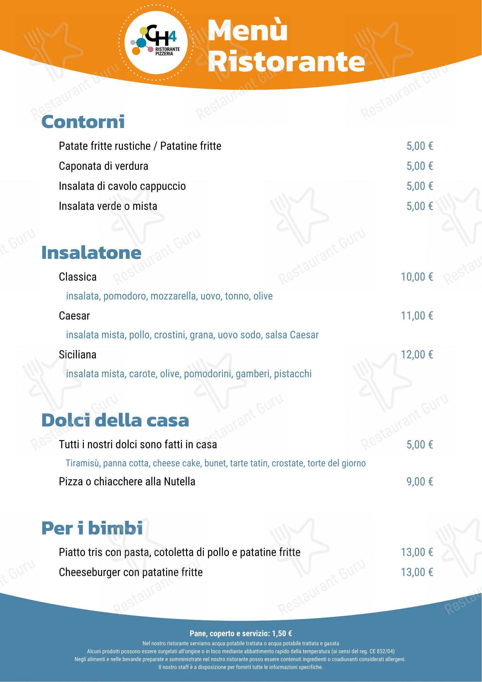 Menu per Ristorante Pizzeria Bar del CH4 Sporting Club ristorante