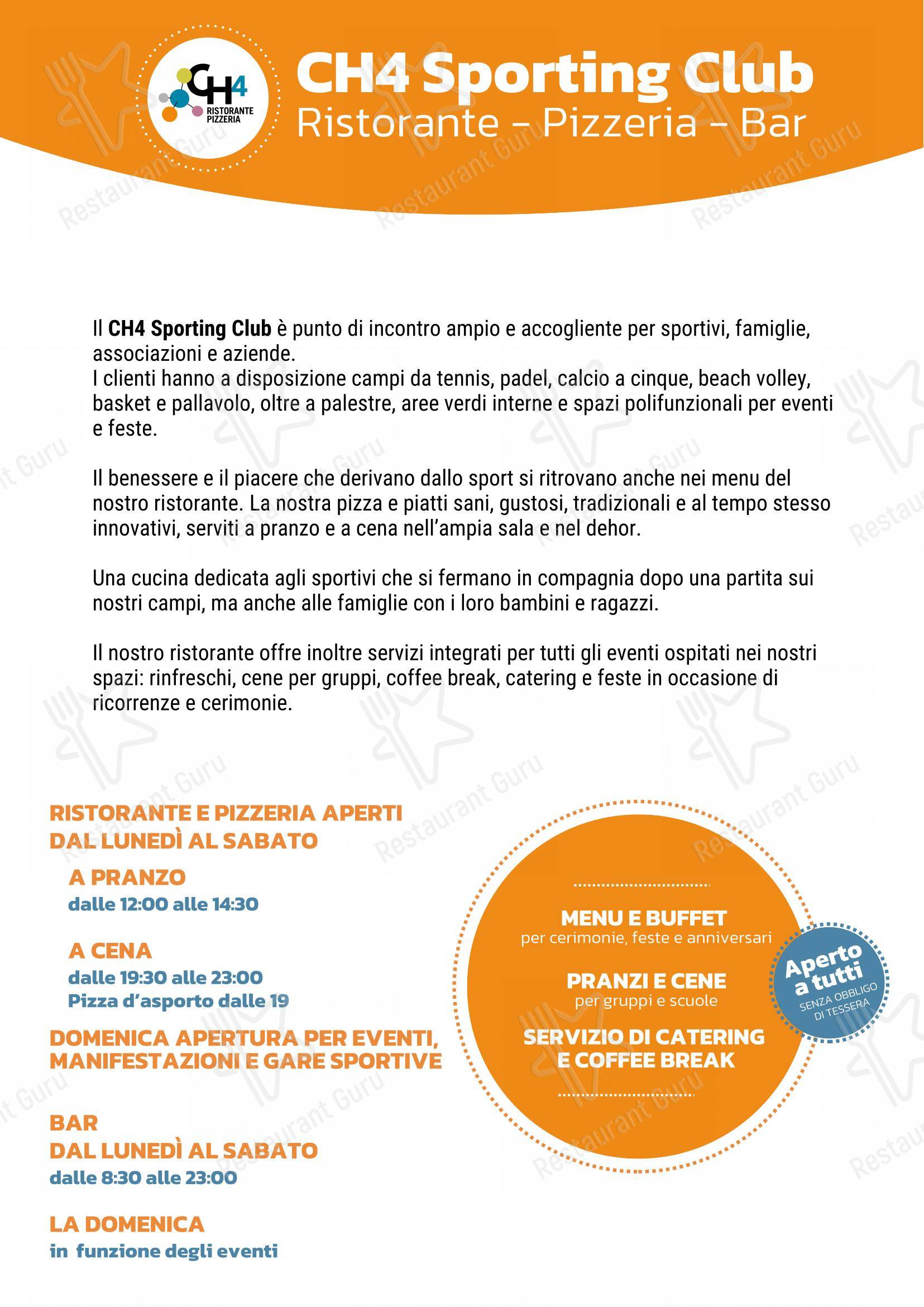 Menu per Ristorante Pizzeria Bar del CH4 Sporting Club in Torino